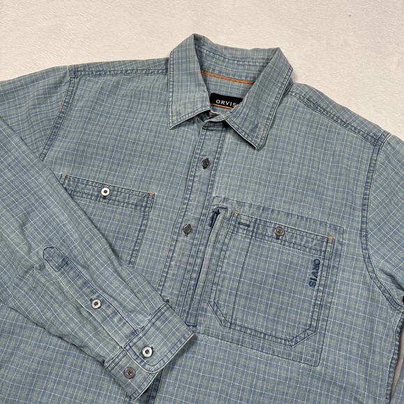 Orvis Shirt Mens Medium Blue Plaid Long Sleeve Button Up Utility Fishing Field - Picture 1 of 10